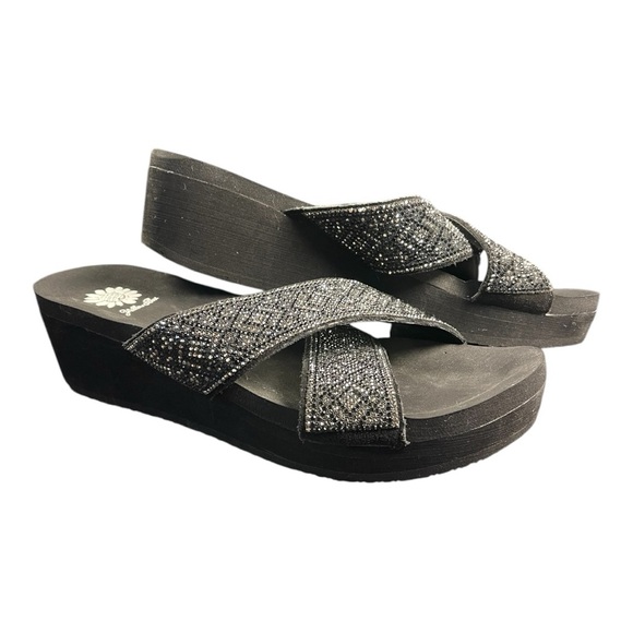 Yellow Box Black Sparkly Wedge Sandals - Size 10 - Picture 4 of 8